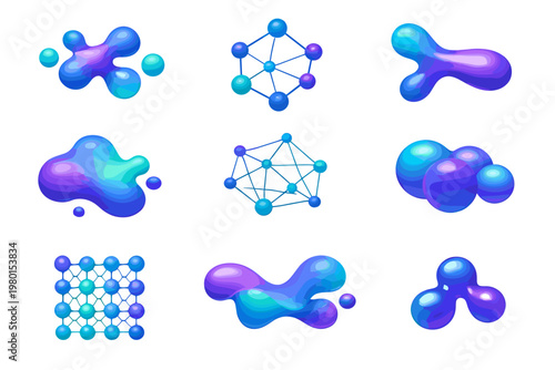 Modern Tech Abstract Metaball Shapes Set with Scientific Design Elements, Molecular Figures, and Network Connection Icons. 3D Blue and Purple Gradient Liquid Blobs for Biotech and Data Science.