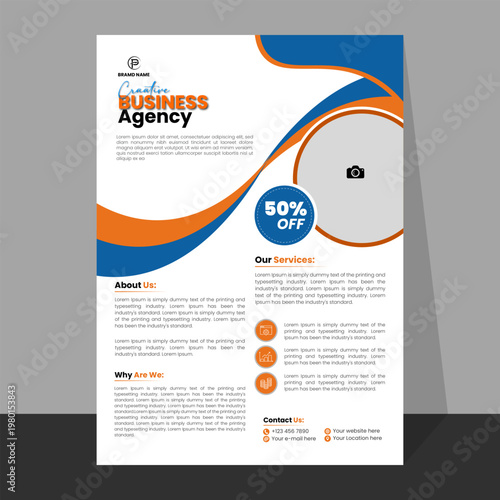 Creative agency flyer design with blue and orange wave shapes for corporate branding and marketing campaign.