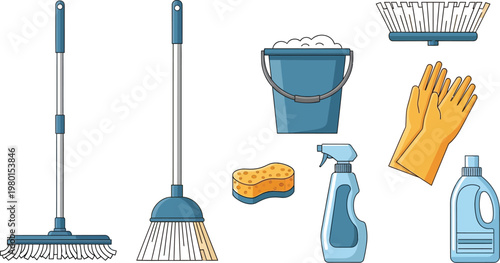Essential cleaning tools and supplies for household maintenance Vector