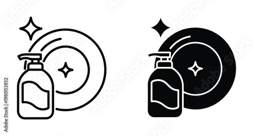 Dishwashing liquid soap bottle and clean plate icons set for kitchen hygiene household chores cleaning service and sanitary maintenance supplies