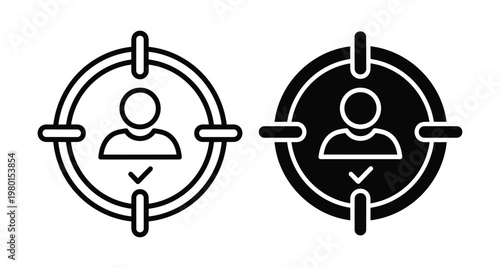 Target audience recruitment icon set showing person in crosshair with checkmark for human resources hiring marketing strategy and candidate selection