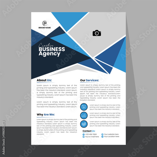 Geometric corporate flyer template with blue triangular shapes and modern layout for business promotion needs.