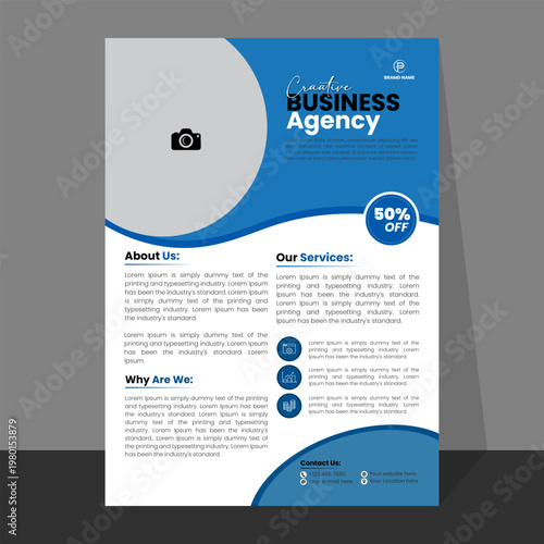 Professional business flyer template featuring blue wavy design and clean layout for agency advertisement use.