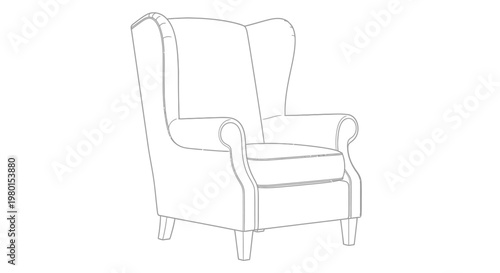 A simple line drawing depicts a classic wingback armchair showcasing its elegant form and comfortable design
