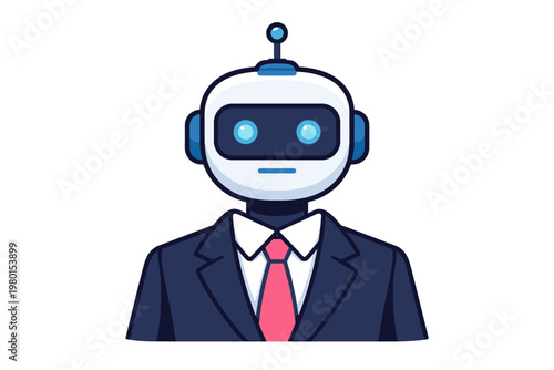 Flat vector illustration of a robot businessman wearing a professional navy blue suit, white shirt, and pink tie. Artificial intelligence corporate worker icon for technology and automation.