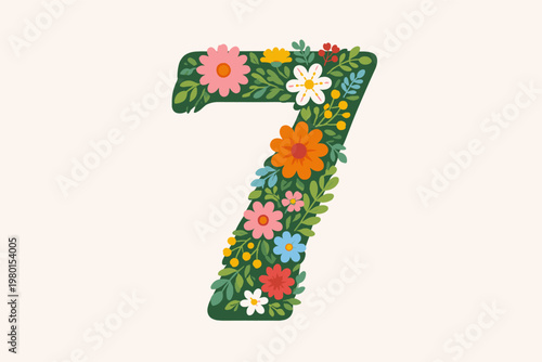 Decorative Floral Number 7 Vector Illustration Featuring Colorful Spring Blossoms and Green Leaves in a Simple Flat Design Style, Perfect for Birthdays, Anniversaries, and Botanical Typography.