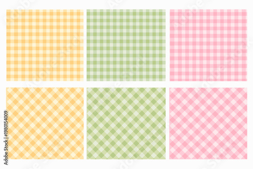 Vector Set of Cute Gingham Check Patterns in Pastel Yellow, Green, and Pink Colors; Seamless Plaid Backgrounds for Scrapbooking, Fabric, Wallpaper, Stationery, and Textile Design Illustrations.