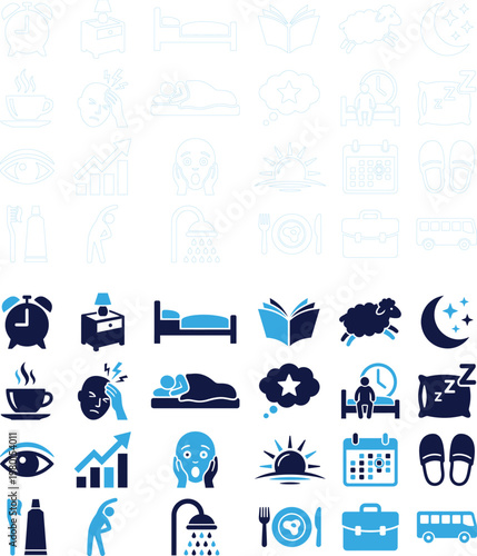 Icons for sleep, rest and daily activities in blue and white colors.