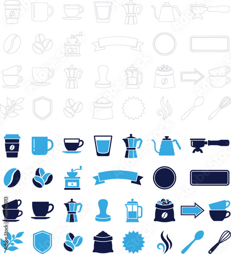 Coffee shop icons flat design with blue and dark navy colors vector illustration.