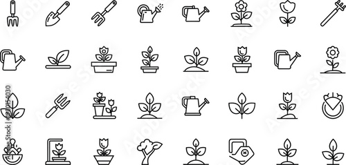 Gardening and plant care line icon set featuring flowers watering tools leaves minimal outline vector collection