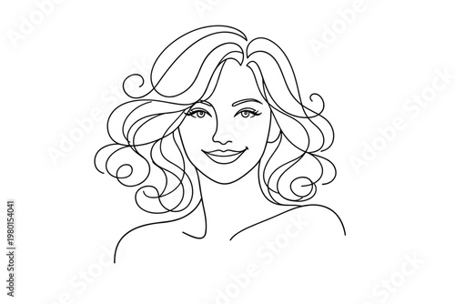 Elegant continuous line drawing of a beautiful woman's face with voluminous curly hair and a charming smile. Minimalist vector portrait representing feminine beauty, hair care, and wellness art.