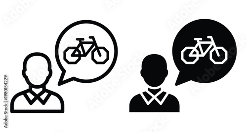 Person thinking about bicycle icon set with speech bubble representing cycling hobby bike rental service or eco friendly transportation choice