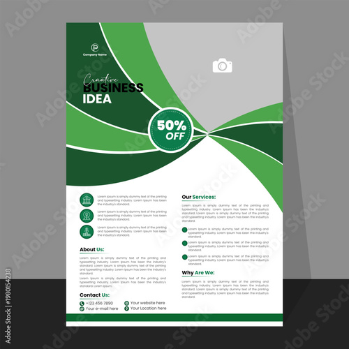 Business promotion flyer design with green wave patterns and special discount offer for corporate marketing.