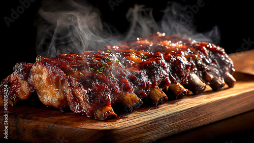 Grilled pork ribs with thick barbecue glaze and rising steam on a rustic wood board, perfect for restaurant menus, food blogs and BBQ advertising