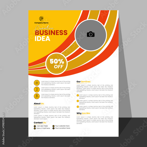 Bright orange and yellow business flyer template with circular photo placeholder for creative agency services.