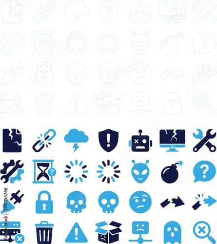 Broken connection and error icons set in blue and white technology web issues.