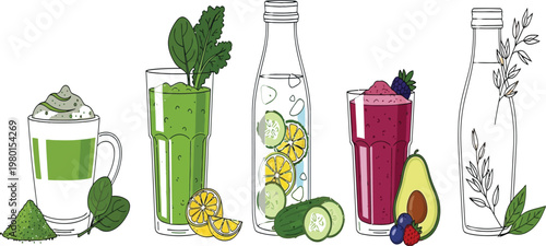 A collection of healthy beverages and their ingredients illustrated in a colorful manner Vector