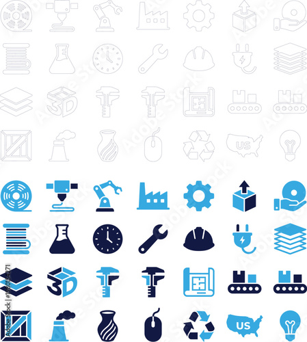 Set of blue and white icons for 3d printing manufacturing and industry.