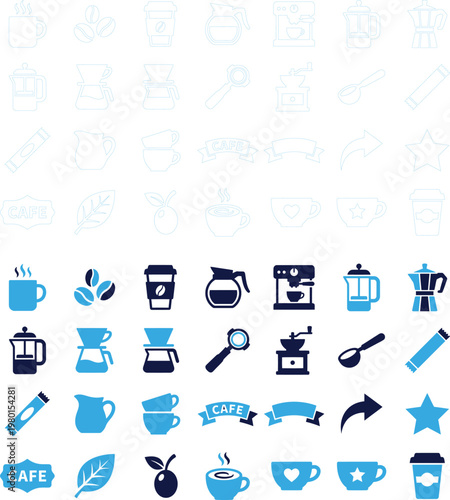 Collection of coffee and cafe icons for menus or signage in blue and white.