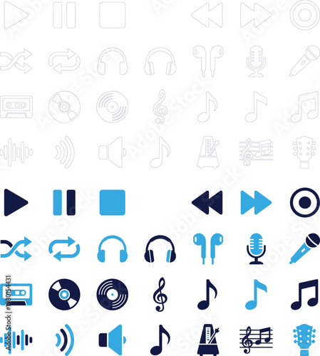 Modern set of icons for music and audio playback in blue and dark tones.