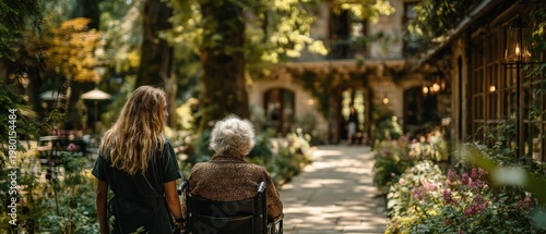 Younger person walks with an elderly woman in a wheelchair through a sun-dappled garden with a building in the background