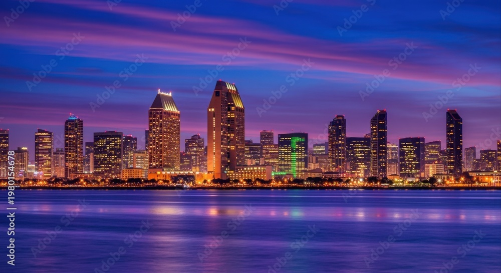 Fototapeta premium Vibrant San Diego Skyline Illuminated at Dusk, Reflecting on the Calm Water Below