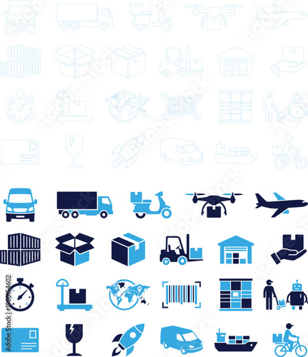 Logistic and delivery icons set with various shipping methods in line and solid flat style.