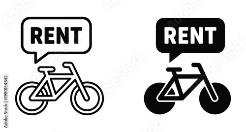 Bicycle rental icon set with rent text in speech bubble for bike sharing service city transportation and cycling tourism