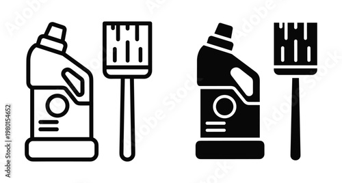 Cleaning detergent bottle and paintbrush icons for home renovation maintenance repair DIY projects household chores and professional painting services