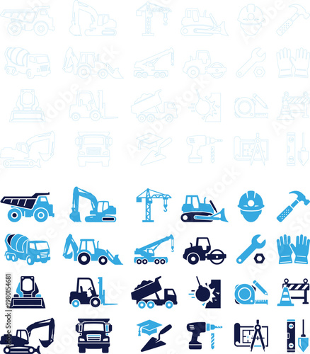Collection of construction and industrial vehicle icons in blue and white.