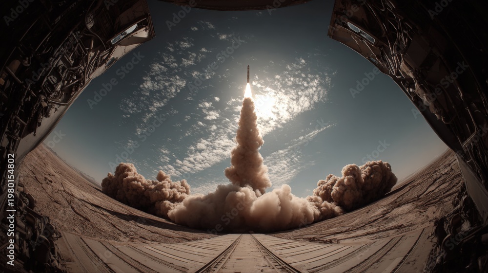 Obraz premium Dramatic Rocket Launch From Ground Level, Blasting Off Into Sunny Sky With Smoke Clouds