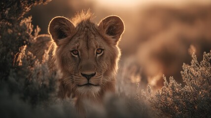 Majestic Young Lion Cub Emerges from Natural Vegetation with Warm Golden Hour Sunlight
