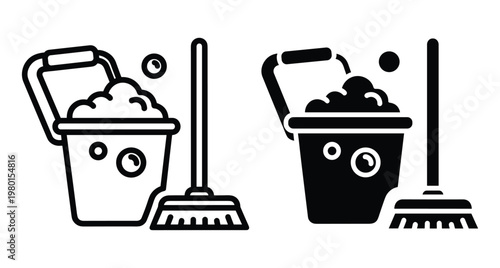 Cleaning service icon set featuring bucket with soap bubbles and broom in outline and solid black styles for maintenance and housekeeping
