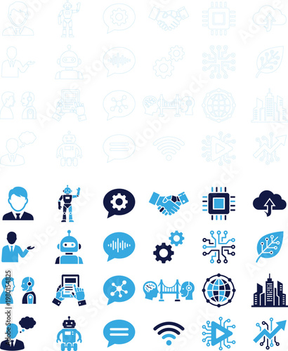 Modern technology icons in blue and white representing digital innovation and artificial intelligence.