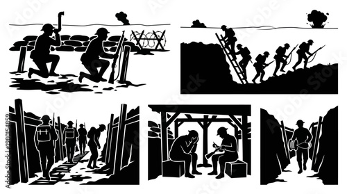 Illustrations depicting World War I trench warfare, soldiers in silhouette, and wartime scenes of conflict and struggle