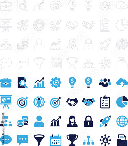 Business strategy and data analysis icon set with professional growth and management tools.