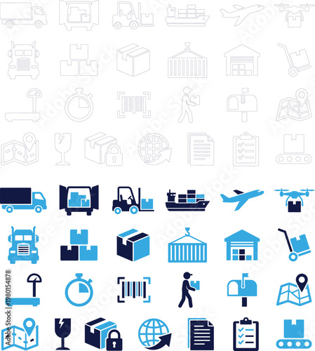 Comprehensive logistics service icons displaying cargo handling and freight transport icons.
