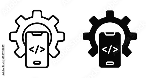 Mobile application development icon set showing smartphone with coding brackets and gear representing software engineering technical optimization and system configuration
