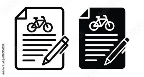 Bicycle registration document icon set with pencil for signing rental agreement insurance form or cycling club membership application paper
