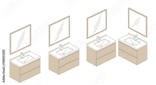 An isometric view showcases four bathroom vanity setups with sinks and mirrored cabinets