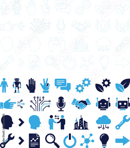 Set of technology icons in blue and white, representing AI, robotics and digital innovation.