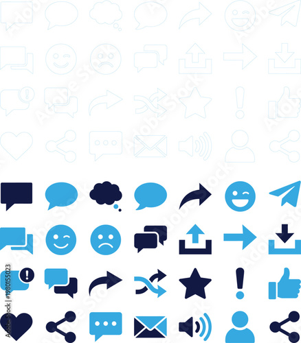 Set of modern blue and dark navy communication and social media icons for websites.