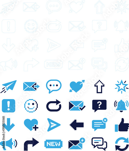 Collection of blue and white social media icons and symbols for digital communication.