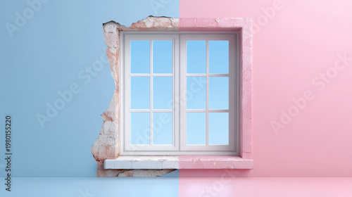 Window frame with white panes set in a split wall, one side blue and the other pink, showcasing a clear sky background and a smooth surface below