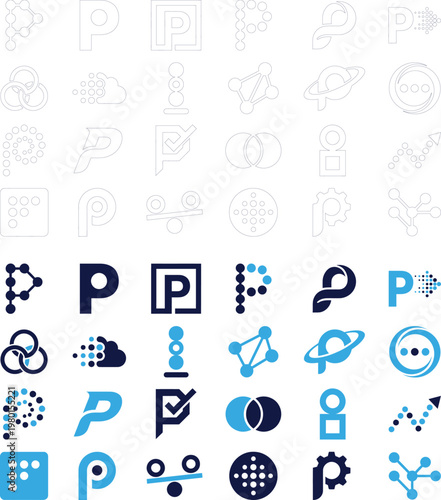 Comprehensive collection of P letter icons and abstract logos for digital applications.