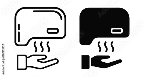 Hand dryer icon set showing automatic electric blower machine with warm air flow for drying hands in public restroom facilities