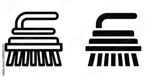 Scrub brush icon set with outline and solid versions for cleaning housework hygiene maintenance laundry floor scrubbing tool vector graphic