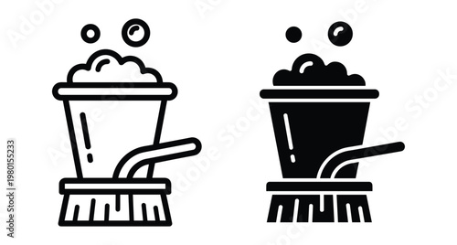 Cleaning brush and bucket icon set with soap bubbles for housekeeping service maintenance hygiene sanitation housework equipment vector illustration graphic