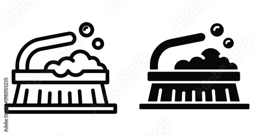 Scrub brush cleaning icon set with soap bubbles and foam for household chores hygiene maintenance housework service equipment vector graphic