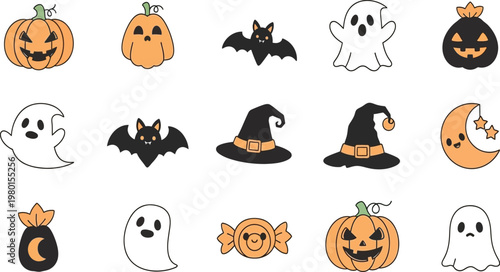 Halloween-themed icons featuring classic spooky and festive symbols Vector